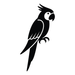 Black silhouette of a tropical parrot perched gracefully with detailed feathers
