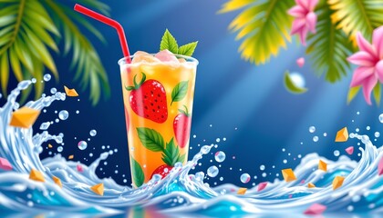 A tropical scene with an animated glass of strawberry milkshake floating in midair over splashing water, set against a vibrant backdrop of palm trees and flowers.