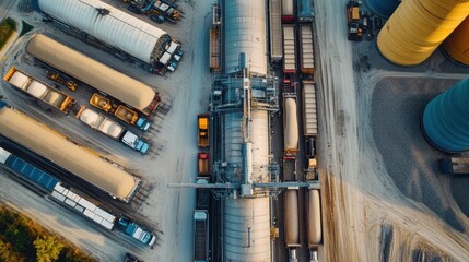 Overhead industrial view showing trucks parked near silo-like structures