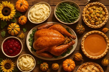 Abundant thanksgiving feast featuring a golden roasted turkey and seasonal sides