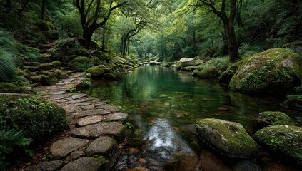 Serene stone path meanders beside a tranquil, moss-covered stream nestled within a lush, verdant forest