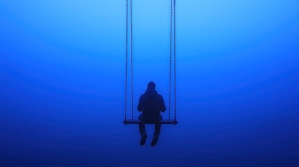 Man sits on swing, blue room, contemplative pose, art installation