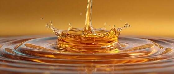 Amber liquid impacting a surface, creating a crown splash and concentric ripples