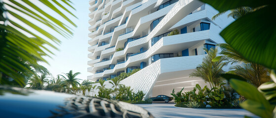 Facade Detail and Greenery: A detailed 3D rendering focusing on the building's textured white facade and striking blue accents