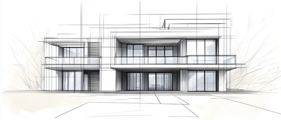 Facade Study with Grid Overlay: A precise frontal perspective drawing of a modern home's facade