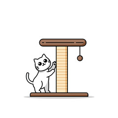 Cute white cat playing with brown scratching post toy, perfect for pet product advertisements, cat blogs, social media posts.