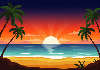 Illustration of a tropical beach scene with palm trees silhouetted against a vibrant sunset over the ocean.