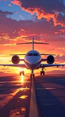 Jet on runway at sunset