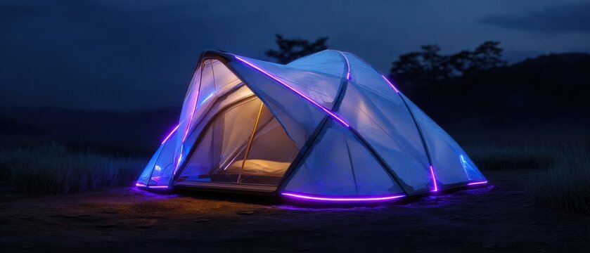 A Curious Cat Peeks Over a Luminous Tent Glowing with Purple and Blue Neon at Dusk.