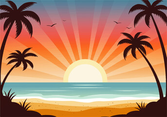 A vibrant vector illustration depicting a tropical beach scene with palm trees silhouetted against a radiant sunset over the ocean.