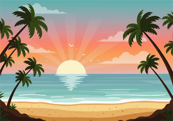 A serene beach scene with palm trees framing a vibrant sunset over the ocean, reflecting light on the water and sand.