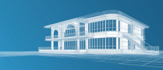 Futuristic 3D wireframe blueprint drawing of a two-story residence