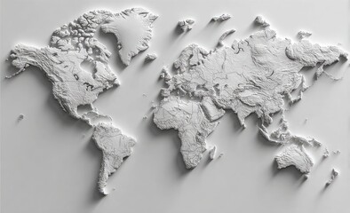 Embossed grayscale world map, subtly textured, exhibiting relief and shadow for depth