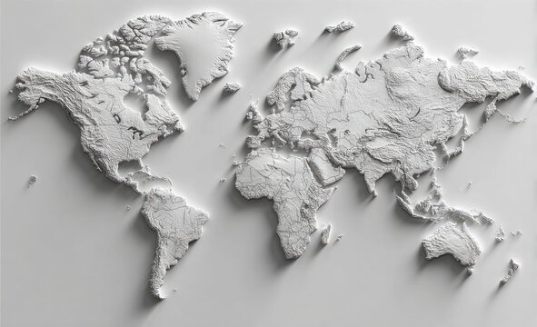Embossed grayscale world map, subtly textured, exhibiting relief and shadow for depth
