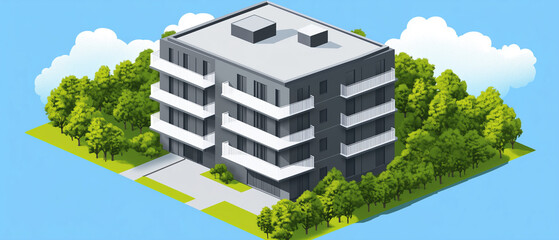Geometric Harmony: A digital isometric illustration emphasizing the geometric forms of the modern apartment building