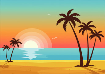 Illustration of a serene tropical beach scene with palm trees silhouetted against a vibrant sunset over the ocean.