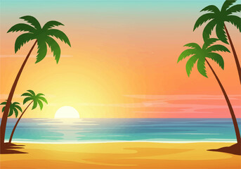 Tropical beach scene with palm trees silhouetted against a vibrant sunset over the ocean.