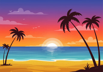 Tropical beach sunset illustration with palm trees silhouetted against a vibrant gradient sky and calm ocean.