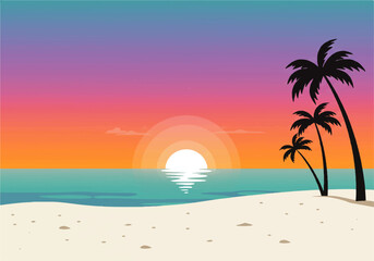 A vibrant cartoon illustration depicts a tropical beach scene with palm trees silhouetted against a colorful sunset over the ocean.