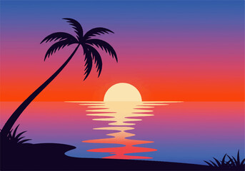 Naklejka premium Silhouette of a palm tree on a beach at sunset, with the sun reflecting on the water.