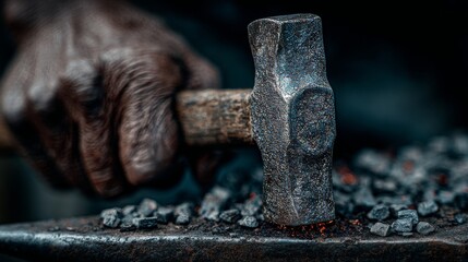 Close-up of strong artisan hand gripping heavy hammer over hot coals on anvil, capturing the raw intensity, tradition, and precision of blacksmithing in the process of metal forging