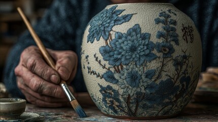 Close-up of artisan painting intricate blue floral motifs on ceramic vase using fine brush, showcasing traditional pottery techniques, delicate craftsmanship, and cultural artistry in hand-decorated c