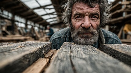 Bearded woodworker closely inspecting aged wooden planks in rustic workshop with natural light, capturing the authenticity, patience, and skilled observation involved in traditional woodworking crafts