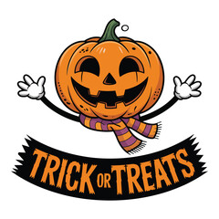 Vector art of happy pumpkin character with trick or treats banner halloween celebration concept design for banner