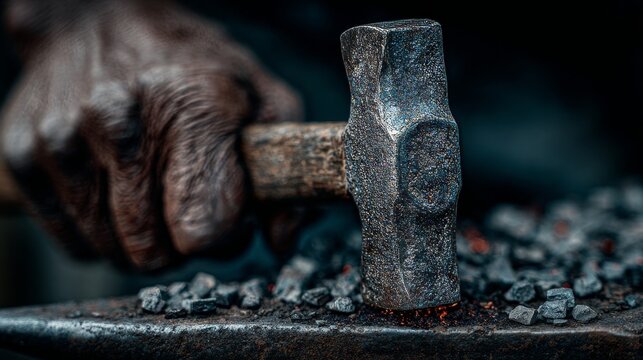 Close-up of strong artisan hand gripping heavy hammer over hot coals on anvil, capturing the raw intensity, tradition, and precision of blacksmithing in the process of metal forging