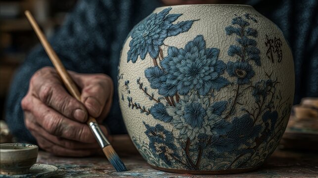 Close-up of artisan painting intricate blue floral motifs on ceramic vase using fine brush, showcasing traditional pottery techniques, delicate craftsmanship, and cultural artistry in hand-decorated c