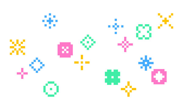 귀여운 픽셀 아트 이모티콘과 심볼이 흩뿌려진 패턴 배경 - Cute Pixel Art Emoticons and Symbols Scattered Pattern Background