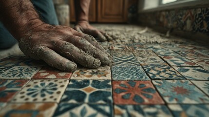 Close-up of artisan's hands laying colorful patterned floor tiles with fresh mortar, capturing traditional tiling craftsmanship, manual precision, and the artistry involved in decorative flooring inst