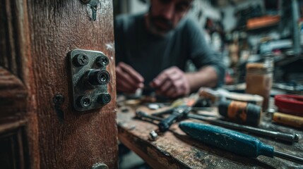 Close-up of door lock mechanism in foreground with locksmith working on tools in cluttered workshop, showcasing precision, craftsmanship, and the hands-on technical skill behind traditional lock repai