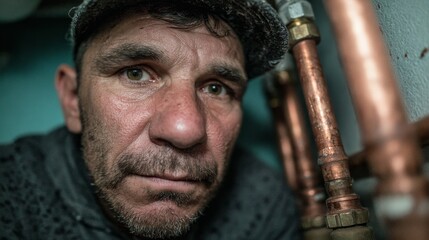 Portrait of focused plumber inspecting copper pipes in tight indoor space, capturing the intensity, precision, and hands-on expertise required in traditional plumbing and maintenance craftsmanship