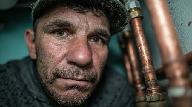 Portrait of focused plumber inspecting copper pipes in tight indoor space, capturing the intensity, precision, and hands-on expertise required in traditional plumbing and maintenance craftsmanship