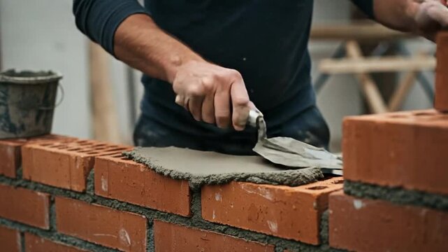 Builder's Hands Expertly Laying Bricks and Applying Mortar to Build a Wall with Trowel