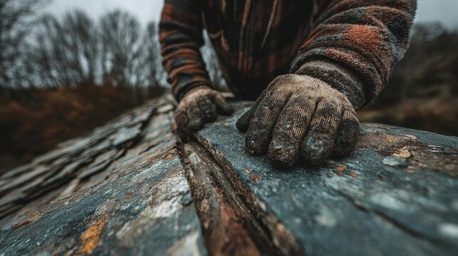 Close-up of construction worker&rsquo;s gloved hands repairing old slate roof on cloudy day, showcasing manual labor, weathered materials, and outdoor craftsmanship in rural environment with autumn trees