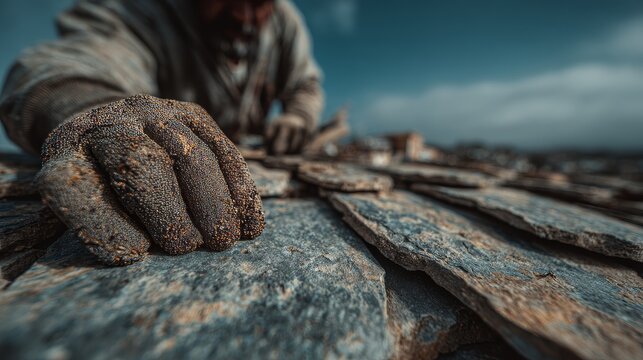 Close-up of craftsman&rsquo;s muddy hand placing stone tiles on traditional rooftop under blue sky, capturing the physicality, precision, and time-honored techniques of manual slate roofing in rural constru