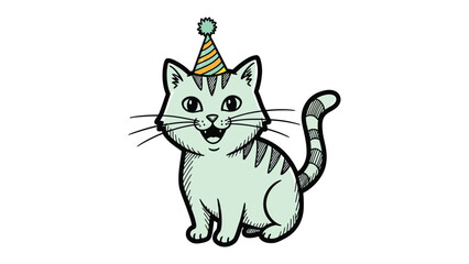 Obraz premium Festive Feline's Celebration: A charming cartoon cat wears a festive party hat, exuding pure joy and excitement with an animated illustration perfect for birthdays, parties, and celebrations.
