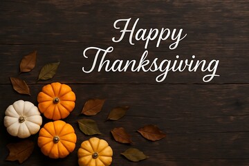 Rustic thanksgiving greeting with pumpkins and autumn leaves on dark wood