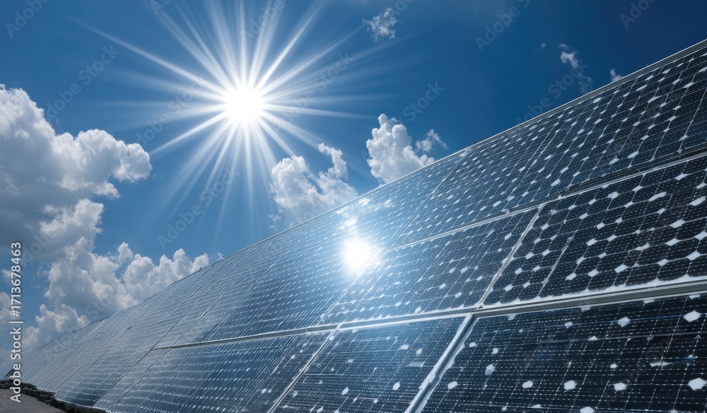 Wall mural bright sun shines on a large array of solar panels under a partly cloudy sky
