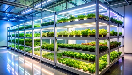 Vertical Farm Growing Fresh Herbs and Greens on Shelves