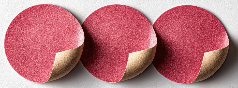 Three red, textured circular stickers with a partially peeled corner, arranged horizontally on a white background