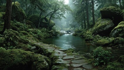 Fototapeta premium Misty, moss-covered forest path follows a tranquil stream, bordered by lush vegetation and ancient rocks