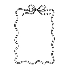 Whimsical coquette ribbon frame with bow, wavy lines, and elegant outline. Perfect for Valentines Day, wedding invitations, romantic cards, scrapbooking, feminine decorative vector design projects.