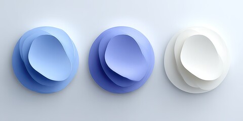 Three layered, circular forms in shades of blue and white, exhibiting soft, organic contours against a minimalist background