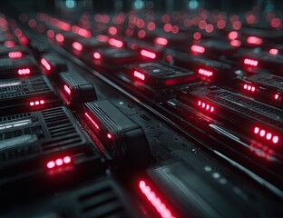 Rows of sleek, dark-grey tech units with glowing red indicator lights, set against a blurred background of similar units.  A futuristic, possibly data center, aesthetic