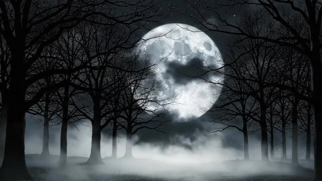 Seamless looping background of a spooky forest at night with parallax trees, rolling fog, and glowing moon for eerie, atmospheric projects.