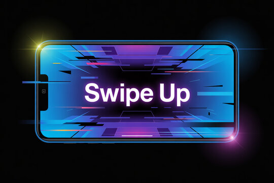 Dynamic 'Swipe Up' call to action on a futuristic smartphone screen with vibrant neon abstract lines and glowing effects, perfect for digital marketing campaigns and app promotions.