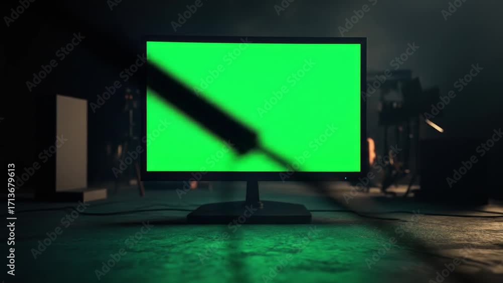 Fototapete Green screen computer monitor with dynamic moving shadows in a stage setting environment